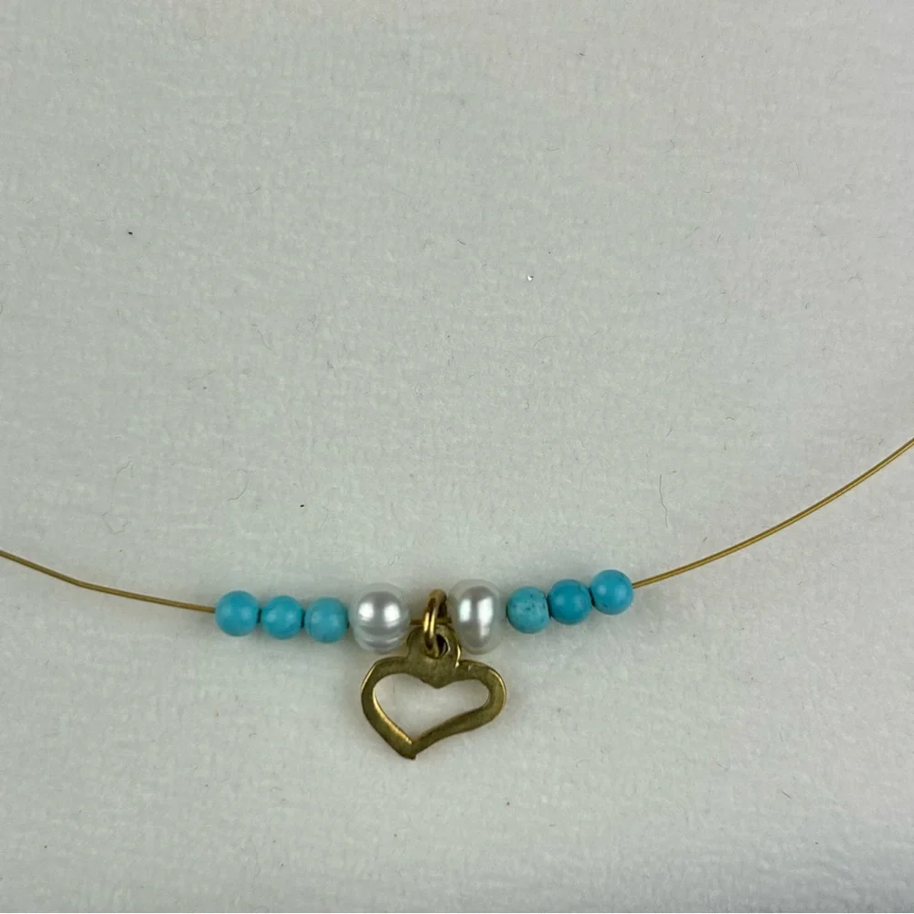 Gold Plated 925 Sterling Silver Heart Necklace w Genuine Turquoise Beads Pearls - Picture 3 of 13